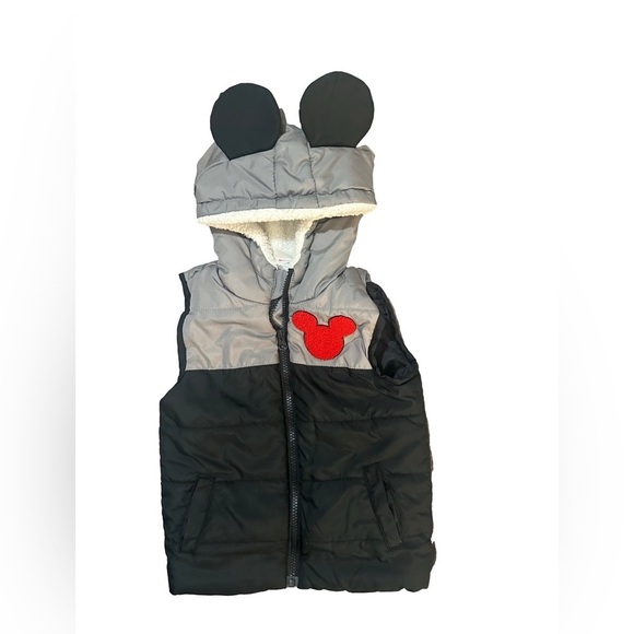Disney Mickey Mouse Quilted Puffer Vest Sherpa Lined Hood Ears Full Zip Boys 4T - Picture 1 of 3